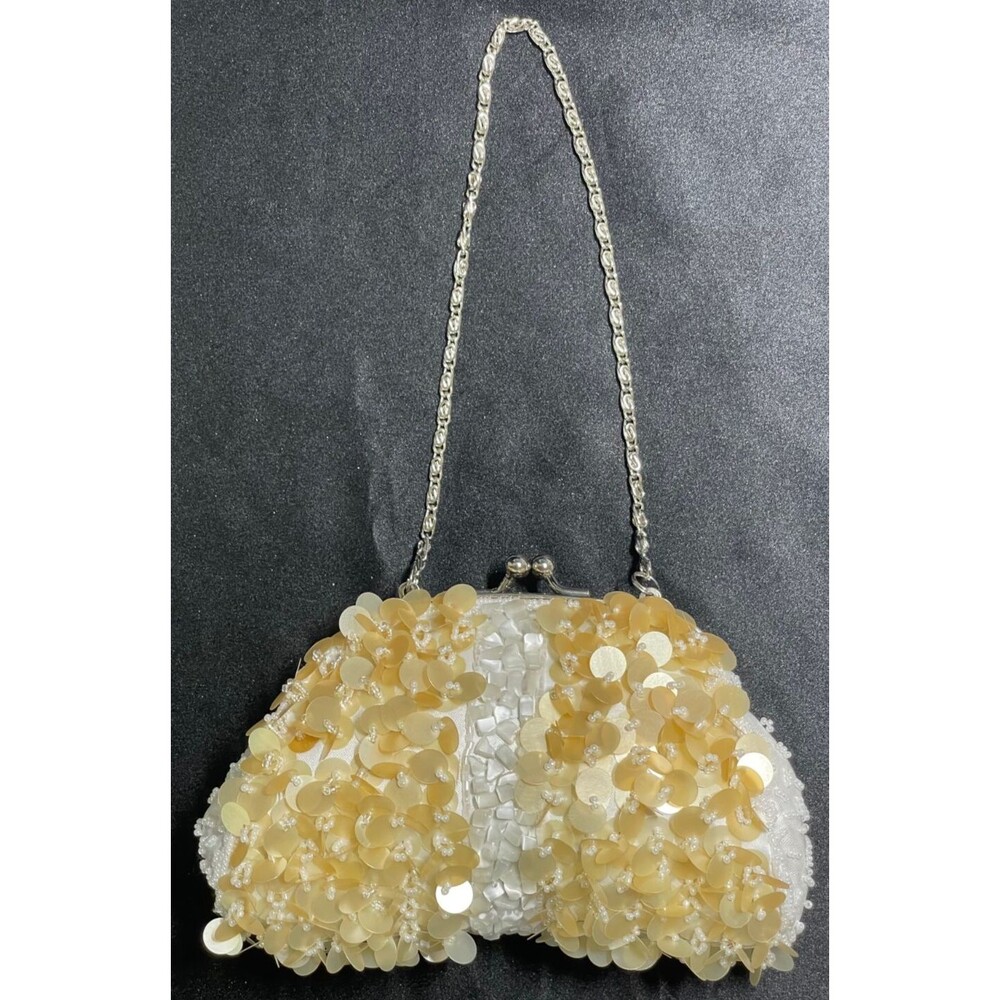 Moni Couture Gold / White Beaded Sequin Clutch Handbag w/ Silver Chain Mini Y2K